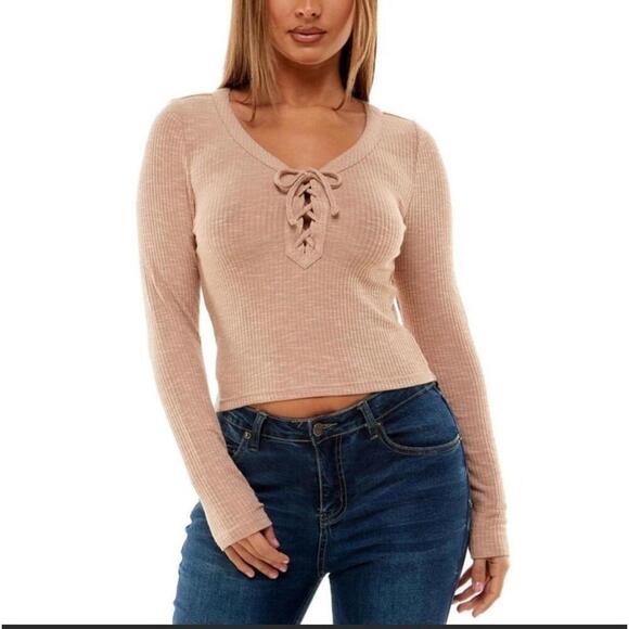 Crave Fame Juniors Lace-Up Cropped Top,Warm Taupe, Large, shirt long sleeve L… - Picture 3 of 4